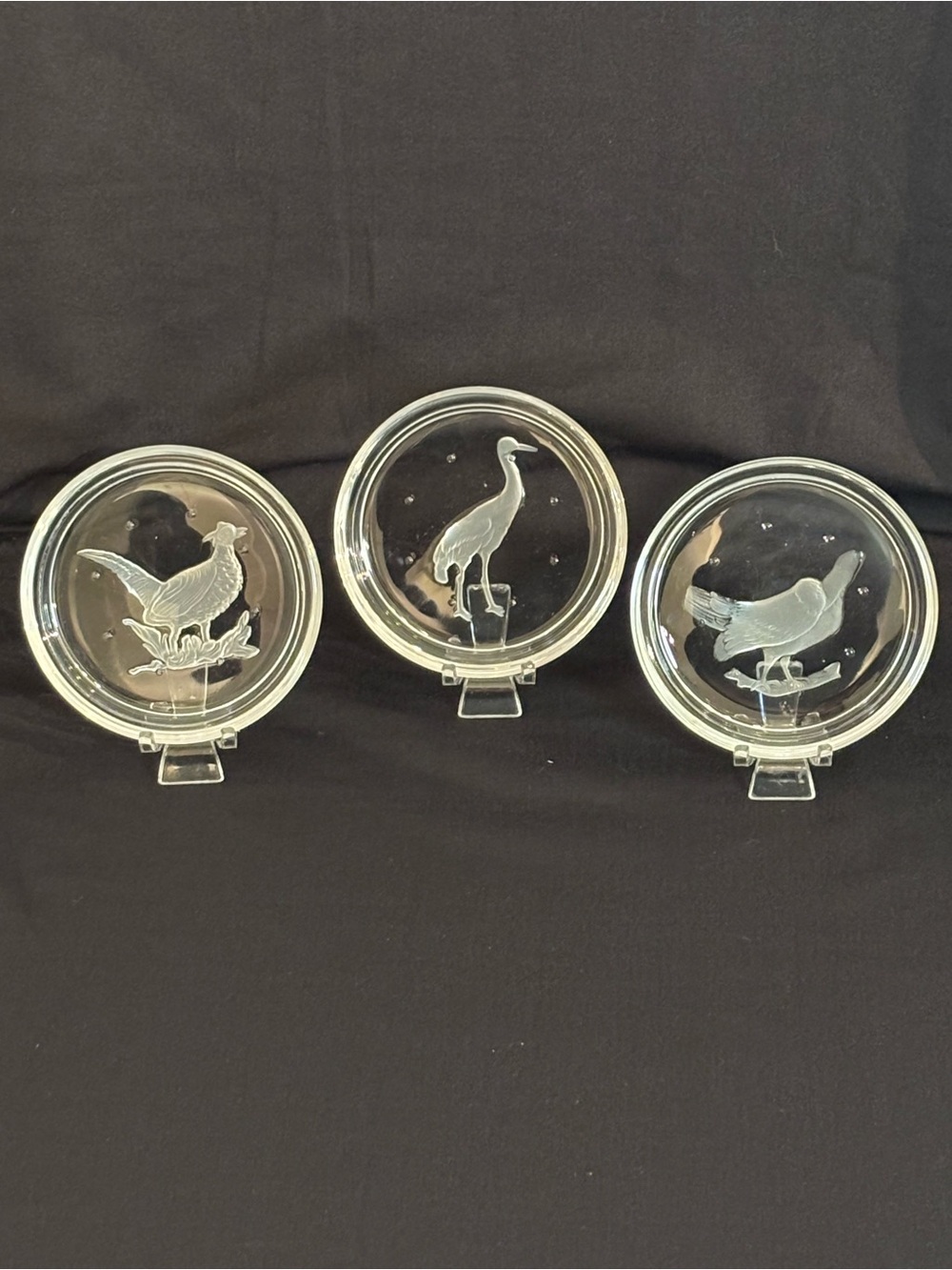 Val Saint Lambert Crystal Bird Coasters Trinket Dishes Set of 3 Vintage